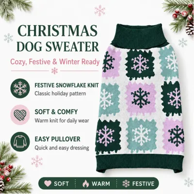 Festive Christmas Dog Sweater Features Christmas dog sweater with festive snowflake knit soft fabric and easy pullover design