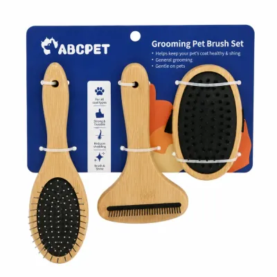 3 Piece Bamboo Pet Grooming Brush Set for Dogs and Cats Bamboo pet grooming brush set with pin brush comb and rubber massage brush for dogs and cats