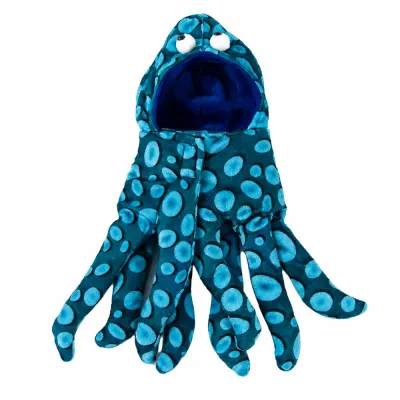 Blue plush Halloween octopus pet costume with hood and dangling tentacles for dogs and cats