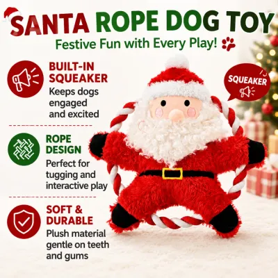 Squeaky Santa Rope Dog Toy Features Christmas Santa dog toy with built in squeaker soft plush material and rope design for tugging