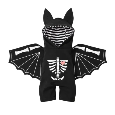 Halloween Skeleton Bat Costume for Dogs and Cats Halloween skeleton bat costume for dogs and cats featuring black wings, pointed ears and striped hood lining