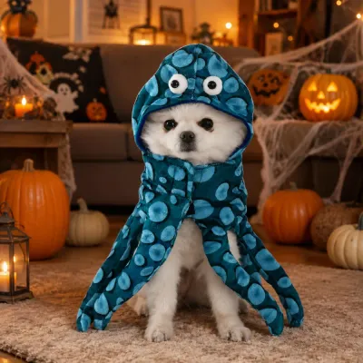 Small white dog wearing a blue octopus Halloween costume in a decorated Halloween living room