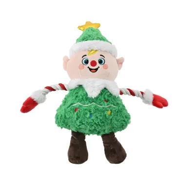 Christmas elf squeaky plush dog toy in green tree design for dogs