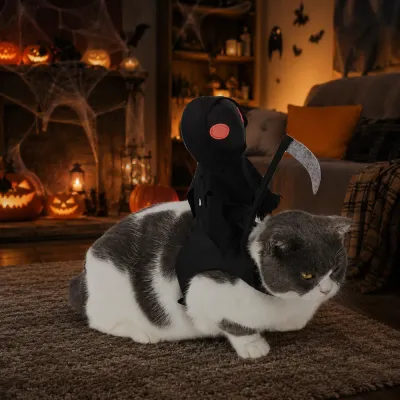 Grim Reaper Halloween Cat Costume Lifestyle Cat wearing a black Grim Reaper Halloween pet costume with scythe in a pumpkin decorated living room