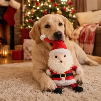 Dog Playing with Santa Christmas Plush Toy Golden retriever playing with a Santa Claus plush squeaky dog toy beside a Christmas tree