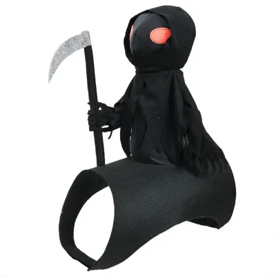 Black Grim Reaper Halloween pet costume with hooded rider, red eyes, scythe and adjustable body straps on white background