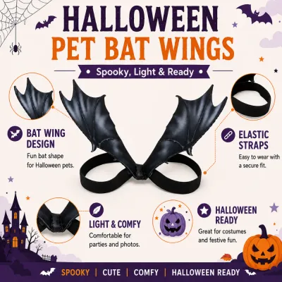 Halloween Pet Bat Wings Costume Features Halloween pet bat wings with elastic straps lightweight design and spooky bat shape