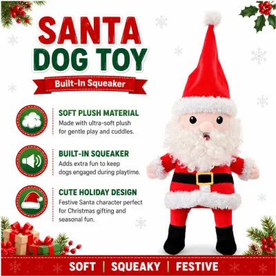 Santa Squeaky Dog Toy Features Santa squeaky dog toy featuring soft plush material, built-in squeaker and festive Christmas design
