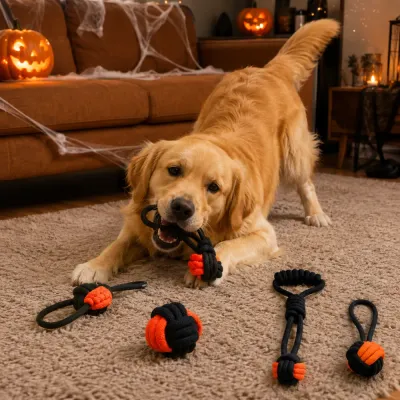 Dog Playing with Halloween Cotton Rope Toys Golden retriever playing with black and orange Halloween cotton rope dog toys in a decorated living room