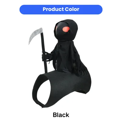 Black Halloween Dark Knight Pet Costume Black Halloween Dark Knight pet costume with Grim Reaper rider, red eyes and mini scythe on white background