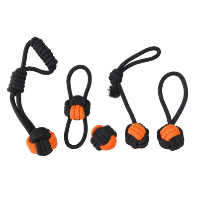 Halloween Black Orange Rope Dog Toys 5 Piece Set Five black and orange cotton rope dog toys with knotted balls and tug loops on white background