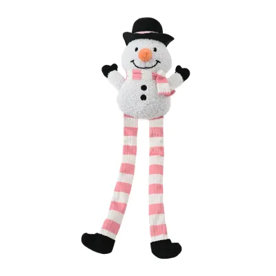 Long Leg Christmas Snowman Dog Toy Wholesale Long leg Christmas snowman dog toy with pink striped scarf and legs on a white background