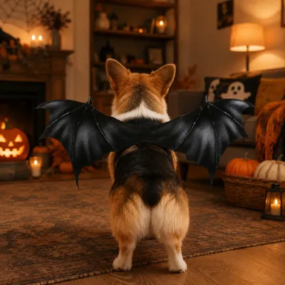 Dog Wearing Bat Wings in Halloween Living Room Dog wearing black Halloween bat wings costume in a decorated living room