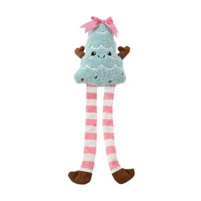 Christmas Plush Squeaky Dog Toy for Holiday Play Soft blue Christmas tree dog toy with long pink striped legs and brown plush feet