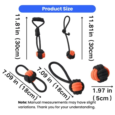 Halloween Dog Rope Toy Set Size Guide Size chart for 5 piece Halloween cotton rope dog toys with 11.81 inch, 7.09 inch and 1.97 inch measurements