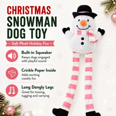 Squeaky Crinkle Christmas Snowman Dog Toy Features Christmas snowman dog toy with built-in squeaker, crinkle paper and long dangling legs for interactive play