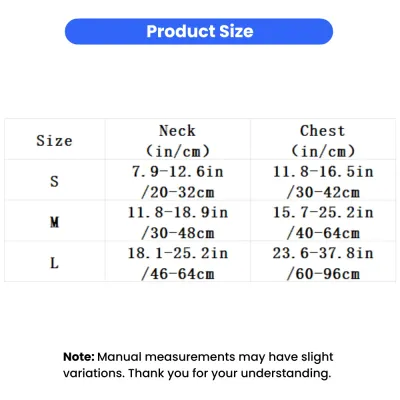 Halloween Dark Knight Pet Costume Size Chart Size chart for Halloween Dark Knight pet costume with adjustable neck and chest measurements in S, M and L