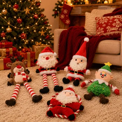 Christmas Plush Dog Toys Holiday Collection Assorted Christmas plush dog toys including Santa, reindeer and Christmas tree designs in festive living room