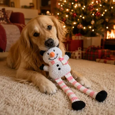 Dog Playing with Christmas Snowman Plush Toy Golden retriever playing with a long leg Christmas snowman plush dog toy beside a decorated Christmas tree