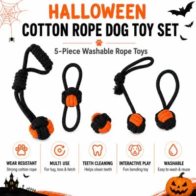 5 Piece Halloween Cotton Rope Dog Toy Set 5 piece washable Halloween cotton rope dog toy set with tug, fetch, teeth cleaning and interactive play features
