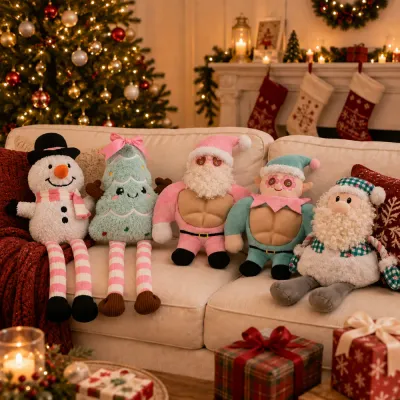 Christmas Plush Dog Toys Holiday Collection Christmas plush dog toy collection with snowman, Christmas tree, Santa and elf toys displayed on a festive sofa