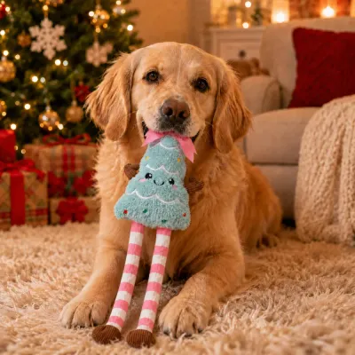 Dog Playing with Christmas Tree Plush Toy Golden retriever holding a blue Christmas tree plush dog toy in a festive Christmas living room