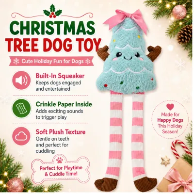 Squeaky Crinkle Christmas Tree Dog Toy Features Christmas tree dog toy with built-in squeaker, crinkle paper and soft plush fabric