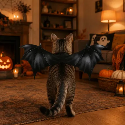 Cat Wearing Halloween Bat Wings Costume Cat wearing black Halloween bat wings costume in a decorated living room