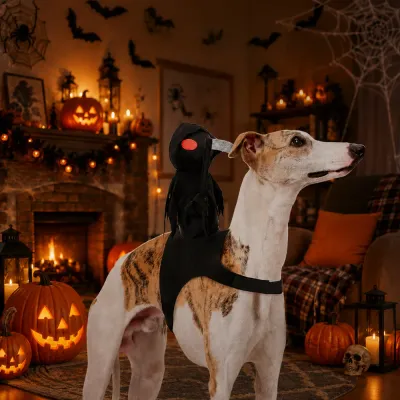 Grim Reaper Halloween Dog Costume Lifestyle Dog wearing a Grim Reaper Halloween costume with black rider and scythe in a decorated Halloween living room