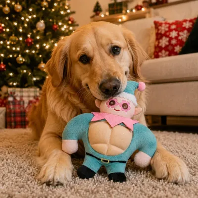 Dog Playing with Christmas Elf Plush Squeaky Toy Golden retriever playing with a Christmas elf plush dog toy beside a decorated Christmas tree