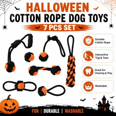 Halloween Cotton Rope Dog Toys 7 Piece Set Seven piece Halloween cotton rope dog toy set with black and orange tug balls and chew ropes
