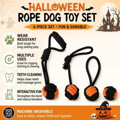 Halloween Rope Dog Toy Set Features Halloween rope dog toy set with wear resistant rope teeth cleaning tugging fetching and washable features