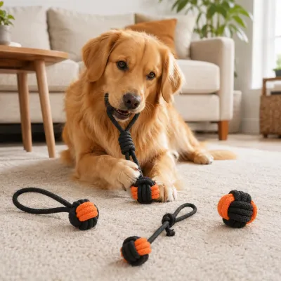 Dog Playing with Halloween Rope Toys Indoors Golden retriever playing with black and orange Halloween rope dog toys in a living room