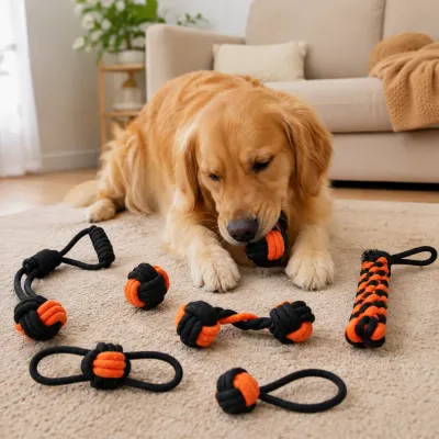 Dog Playing with Halloween Rope Dog Toys Golden retriever playing with black and orange Halloween cotton rope dog toys indoors