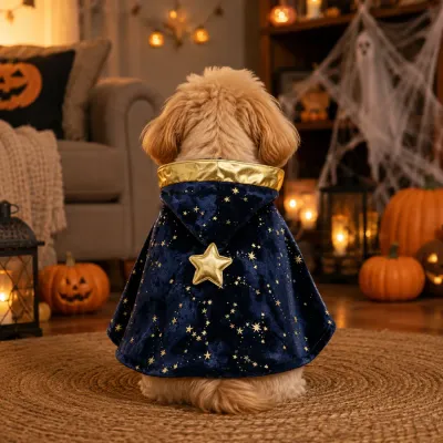 Dog Wearing Blue Wizard Cloak Halloween Costume Dog wearing blue star wizard cloak Halloween pet costume showing back star detail