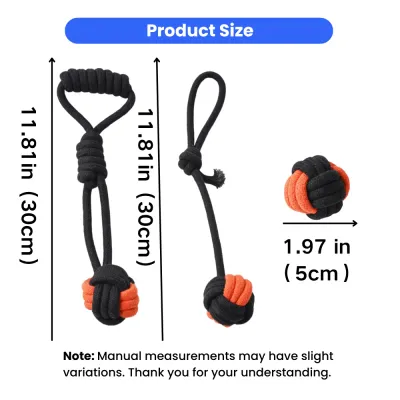 Halloween Cotton Rope Dog Toys Size Guide Size guide for Halloween cotton rope dog toys with 11.81 in tug toys and 1.97 in rope ball