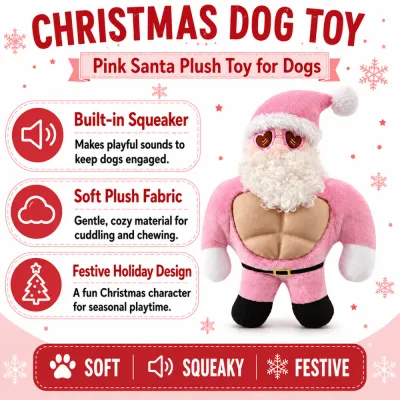 Pink Santa Christmas Squeaky Plush Dog Toy Features Pink Santa Christmas dog toy with built-in squeaker, soft plush fabric and festive holiday design