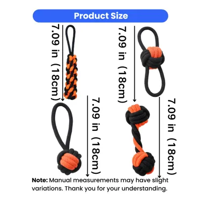 Halloween Rope Dog Toy Set Size Chart Halloween rope dog toy set showing 7.09 in cotton rope tug and chew toy sizes