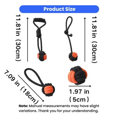 Halloween Rope Dog Toy Set Size Guide Size guide for Halloween rope dog toys showing 30 cm tug toys 18 cm loop toy and 5 cm rope ball