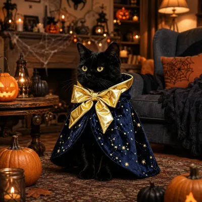 Black Cat Wearing Halloween Wizard Cloak Costume Black cat wearing blue and gold wizard cloak pet costume in a Halloween living room