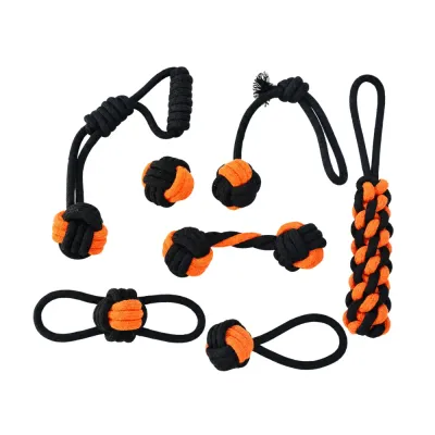 7 Piece Cotton Rope Dog Chew Toy Collection Black and orange 7 piece cotton rope dog chew toy collection on white background