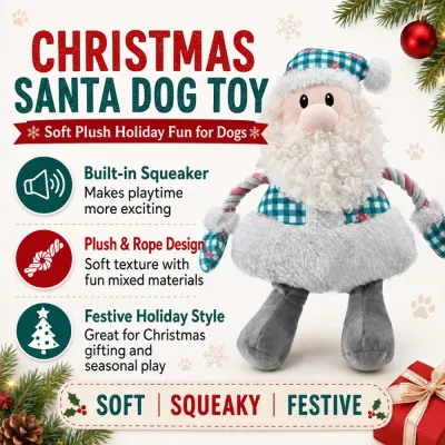 Christmas Santa Squeaky Plush Dog Toy Features Christmas Santa dog toy with built-in squeaker, soft plush body and rope arms for festive holiday play