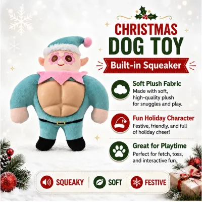 Squeaky Christmas Elf Plush Dog Toy Features Christmas elf squeaky dog toy with soft plush fabric built in squeaker and festive character design