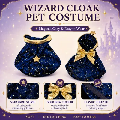 Wizard Cloak Pet Costume Features and Details Wizard cloak pet costume with star print velvet gold bow closure and elastic strap