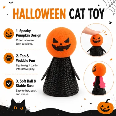 Halloween Pumpkin Wobble Cat Toy Features Halloween pumpkin wobble cat toy with spooky design, soft ball and interactive wobble base