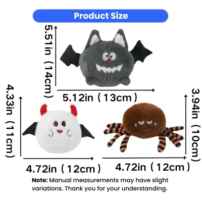 Halloween Plush Dog Toys Size Guide Halloween plush dog toy size chart with bat, devil and spider toy dimensions