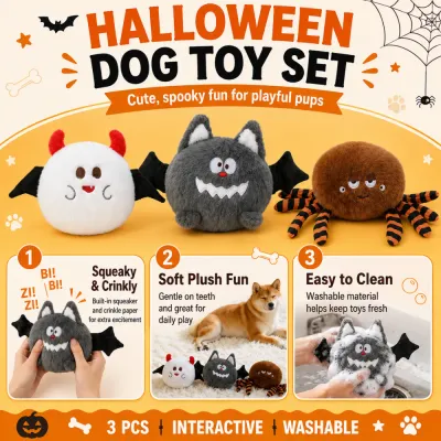 Halloween Squeaky Plush Dog Toy Set Features Halloween dog toy set with squeaker, crinkle, soft plush and washable material