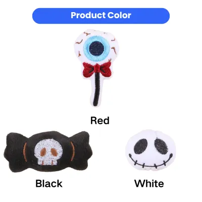Halloween Cat Toy Set Color Options – Red Black White Halloween cat toy set color options including red eyeball, black skull candy and white spooky face toys