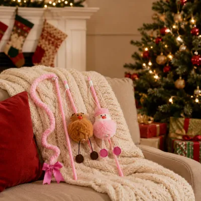 Christmas cat teaser wands with Santa and reindeer plush toys displayed on a sofa beside a Christmas tree