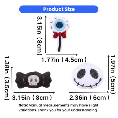 Halloween Cat Toy Set Size Guide – 3 Piece Plush Toys Halloween cat toy size chart showing dimensions of eyeball, skull candy and spooky face plush toys